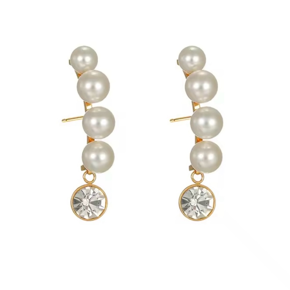 🤍18K Gold Plated Curved Pearl Pendant Zircon Earrings